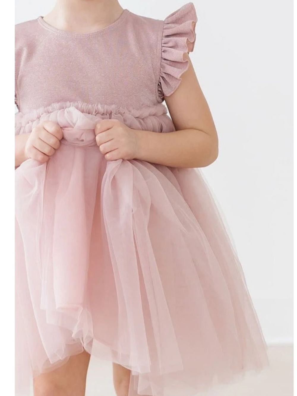 Girls' Pink Shimmer Tulle Party Dress - Elegant Ruffle Sleeves